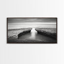 Ocean Rock Split, Calm Seascape Horizon, Monochrome Photography, Canvas Print, Bathroom Wall Art, Zen Coastal Aesthetic, Office Wall Art