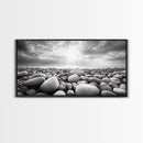 Pebble Beach Sunrise, Serene Rock Shore, Ocean Horizon Light, Framed Canvas Print, Bathroom Wall Art, Minimalist Coastal Decor