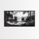 Coastal Forest View, Mountain Sea Horizon, Romantic Nature Scene, Framed Canvas Print, Living Room Wall Art, Vintage Landscape