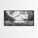 Forest Lake Serenity, Monochrome Nature, Tranquil Landscape, Canvas Print, Lodge Wall Art, Minimalist Cabin Decor, Black White