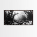 Kelp Forest Rays, Underwater Light, Black and White Ocean Scene, Framed Canvas Print, Nature Wall Art, Coastal Bathroom Decor