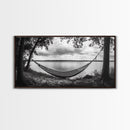 Hammock Lake, Restful Retreat, Trees Framing, Relax Mood, Framed Canvas Print, Bedroom Wall Art, Slow Living Style, Boho Natural Art