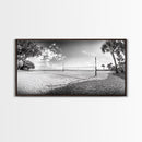 Volleyball Net, Coastal Leisure Scene, Bright Beach Vibe, Framed Canvas Print, Game Room Wall Art, Sporty Summer Beach Style