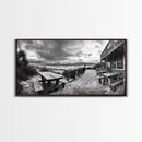 Beach Boardwalk, Coastal Restaurant, Moody Seaside View, Framed Canvas Print, Kitchen or Bar Wall Art, Rustic Autumn Decor
