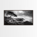 Lone Tree, Foggy Cliffs, Dramatic Landscape, Moody Sky, Framed Canvas Print, Nature Wall Art, Cabin Decor, Autumn Coastal Vibes