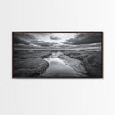 Marshland Serenity, River Flow, Cloudy Mood, Nature Calm, Framed Canvas Print, Coastal Wall Art, Bathroom Tranquil Landscape