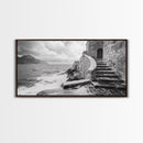 Stone Stairway, Ocean Cliff, Coastal Architecture, Mediterranean Charm, Framed Canvas Print, Rustic Wall Art, Entryway Travel Decor