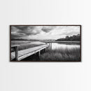 Marsh Dock Scene, Tranquil Water Landscape, Rustic Pier Canvas Print, Black and White Nature, Entryway Art, Coastal Country Home Decor