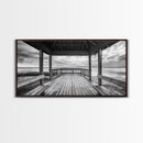 Gazebo By Water, Serene Lake View, Rustic Deck Canvas Print, Minimalist Landscape Wall Art, Neutral Bedroom, Tranquil Home Decor
