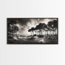 Tree Silhouettes, Coastal Pines Sunset, Nature Path Scene, Framed Canvas Print, Autumn Living Room or Rustic Cabin Wall Decor
