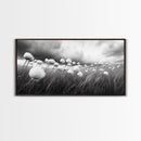 Cotton Grass Field, Stormy Sky Art, Botanical Monochrome, Minimalist Nature Print, Framed Canvas Print, Bedroom Wall Art, Nordic Style