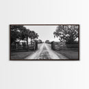 Rustic Gate Trail, Southern Country Road, Tree-Lined Entry, Framed Canvas Print, Farmhouse Style, Entryway or Office Wall Art