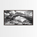 Natural Rock Arch, Seaside Cliff View, Desert Coastal Window, Framed Canvas Print, Boho Earth Tones, Living Room Wall Decor