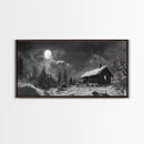 Snowy Cabin, Winter Night, Starry Sky, Cozy Mountain Scene, Framed Canvas Print, rustic lodge decor, Christmas art, bedroom wall print