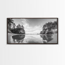 Sea Stacks, Calm Waters, Coastal Trees, Tranquil Morning, Framed Canvas Print, coastal wall art, nature inspired, entryway decor