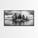 Lake Island, Pine Trees, Nature Panorama, Black and White Wilderness, Framed Canvas Print, Office Wall Art, Outdoor Inspired Decor