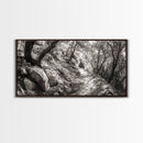 Woodland Trail, Autumn Path, Tree Tunnel, Rustic Outdoor Vibe, Framed Canvas Print, Entryway Nature Art, Moody Forest Decor