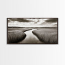 Winding River, Marsh Grass, Nature Path, Sepia Tones, Framed Canvas Print, Country Wall Art, Entryway Decor, Rustic Landscape Aesthetic