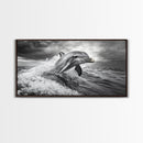 Leaping Dolphin, Ocean Life, Marine Animal, Waves Splashing, Framed Canvas Print, Coastal Kids Room Art, Beach House Decor