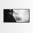 Foggy Cliff Coast, Ocean Pines Landscape, Moody Nature Art, Misty Seascape Scene, Framed Canvas Print, Living Room Wall Art, Fall Decor