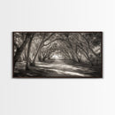 Tree Tunnel Trail, Light Dappled Path, Forest Archway Scene, Framed Canvas Print, Hallway Wall Art, Boho Natural Decor, Living Room Wall Art