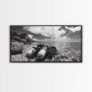 Dive Gear Shoreline, Ocean Exploration Scene, Black and White Adventure Art, Canvas Print, Nautical Decor, Man Cave Wall Art, Nautical Wall Art