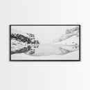Snowy Cliff Reflection, Winter River Scene, Black and White Nature, Framed Canvas Print, Minimalist Wall Art, Neutral Winter Decor