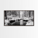 Winter Forest Creek, Snow Covered Trees, Black and White Tranquil Art, Canvas Print, Holiday Wall Art, Nature Lover Gift, Cozy Vibe