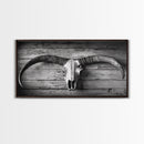 Bull Skull, Rustic Horns, Western Cabin Decor, Weathered Wood, Framed Canvas Print, Farmhouse Wall Art, Cowboy Office Decor, Rustic Wall Art
