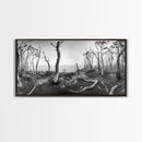 Burnt Forest, Moody Trees, Coastal Landscape, Nature Scene, Framed Canvas Print, Rustic Wall Art, Boho Decor, Fall Home Aesthetic