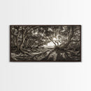 Enchanted Forest Light, Tree Shadows, Nature Landscape, Framed Canvas Print, Rustic Wall Art, Entryway Woodland Decor, Boho Forest Print