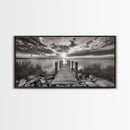 Rustic Dock Sunset, Lakehouse Art, Black White Landscape, Framed Canvas Print, Country Home Decor, Cabin Wall Art, Lakeside Tranquility