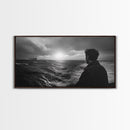 Man Watching Sea, Stormy Ocean View, Emotional Scene, Canvas Print, Moody Coastal Decor, Office Wall Art, Nautical Monochrome Style