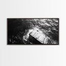 Weathered Dock, Water Reflections, Ocean Edge, Moody Texture, Framed Canvas Print, masculine office decor, minimalist lakehouse art