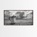Seaside Coffee Pot, Oceanfront Still Life, Rustic Morning, Framed Canvas Print, Nautical Wall Art, Beach Kitchen Decor, Moody Nature Art