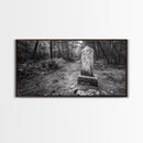 Forest Trail, Stone Marker, Ancient Symbol, Misty Pathway, Framed Canvas Print, cabin decor, woodland art, Autumn wall print, rustic charm