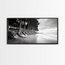 Pine Trees, Sandy Beach, Coastal Serenity, Driftwood Shore, Framed Canvas Print, neutral wall art, coastal rustic style, entryway landscape