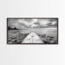 Surfboard, Rocky Shore, Cloudy Sea, Coastal Adventure, Beach Aesthetic, Canvas Print, Minimalist Ocean Art, Nautical Wall Decor, Bathroom Wall Art