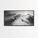 Snowy Peak, Windy Mountain, Winter Landscape, Framed Canvas Print, Black and White Art, Cabin Wall Decor, Moody Alpine Art, Rustic Wall Art