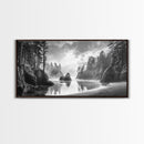Forest Coast, Secluded Beach, Ocean Rocks, Misty Trees, Framed Canvas Print, Nature Wall Art, Living Room Decor, Moody Landscape
