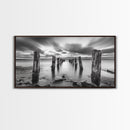 Ocean Pilings, Calm Waters, Cloud Streaks, Sunset Mood, Canvas Print, Minimalist Seascape, Bedroom Wall Art, Serene Beach Decor