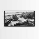 Open Book, Cowboy Hat, Driftwood Beach, Peaceful Shore, Canvas Print, Western Boho Art, Reading Nook Wall Decor, Fall Vibes, Office Wall Decor