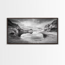 Mirror Lake, Rocky Terrain, Tranquil Waters, Framed Canvas Print, Meditation Room Art, Nature Reflection, Earthy Tones, Spa Decor