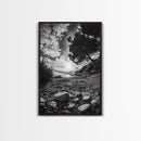 Sunset Beach View, Wide Angle Perspective, Nature Shoreline, Monochrome Landscape, Framed Canvas Print, Hallway Wall Art, Beach Decor
