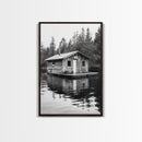 Floating Cabin, Lake House, Forest Reflection, Tranquil Waters, Framed Canvas Print, Bedroom Wall Art, Cabin Aesthetic, Rustic Nature Vibe