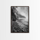 Foggy Coast, Moody Shore, Tranquil Pebbles, Forest Water, Framed Canvas Print, Bathroom Wall Art, Nature Photography Style, Calm Retreat Decor
