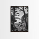Woodland Cove Path, Tranquil Forest Scene, Nature Escape Art, Canvas Print, Cabin Wall Art, Coastal Boho Decor, Black White Landscape