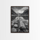 Mountain Lake Log, Alpine Serenity Scene, Tranquil Rock Shore, Canvas Print, Bedroom Wall Art, Nature Retreat, Minimalist Landscape