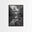 Stone Bridge, Reflections, River Archway, Nature Drama, Framed Canvas Print, Landscape Wall Art, Monochrome Photography, Entryway Art