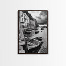 Coastal Village, Fishing Boats, Mediterranean Harbor, Seaside Charm, Framed Canvas Print, Nautical Kitchen Wall Art, Fall Decor Accent